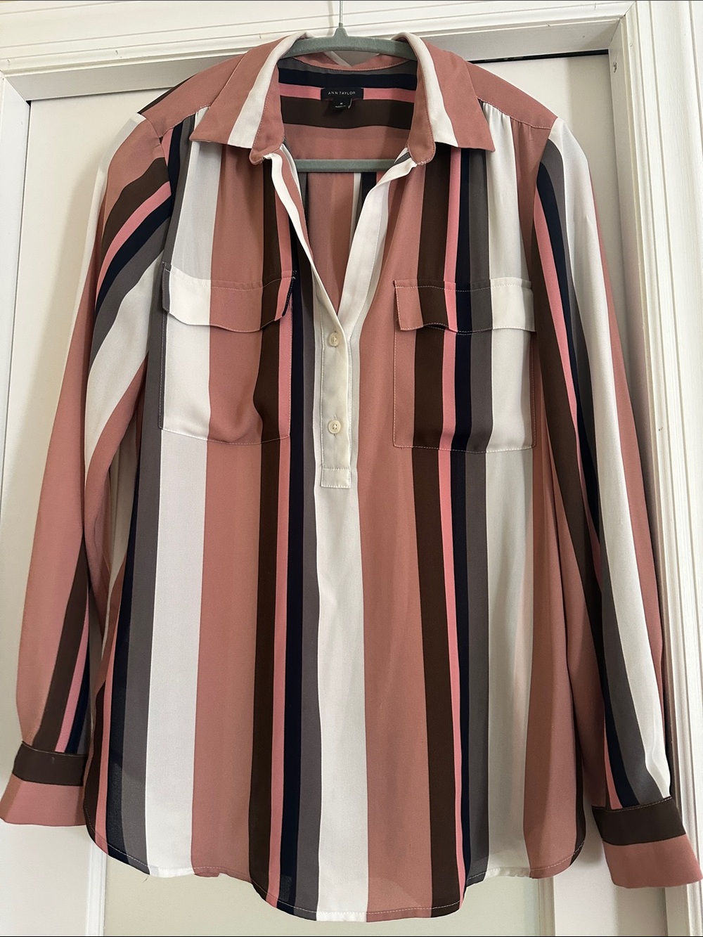 Ann Taylor Vertical Striped Split-Neck Blouse in Dusty Rose, White, Navy & Brown